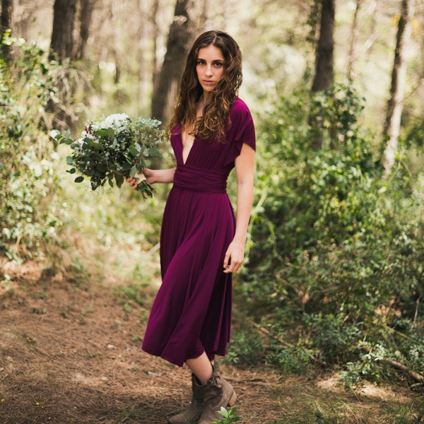 Aubergine Satin Jersey Dress, Infinity Dress, Wrap Dress with Asymmetrical Skirt, Sleveeless Dress, Wine Wrap Dress Perfect for all Seasons.