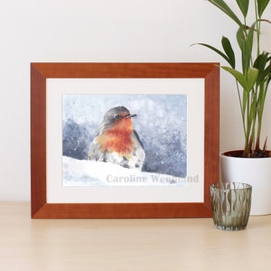 Aquarellbild, gemalt - Landschaftsbild. Winterillustration. Tierportrait [Rotkehlchen im Schnee] Vogel - Wandbild/ Dekoration/ Geschenk