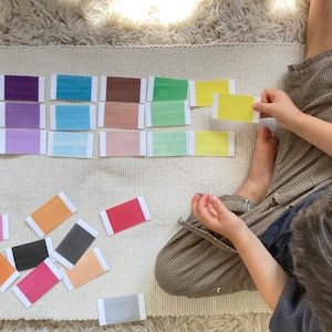 Puede incluir: Un niño está jugando a un juego de emparejamiento de colores con cartas que presentan diferentes tonos de morado, azul, marrón, verde y amarillo. Las cartas están dispuestas sobre una alfombra blanca.