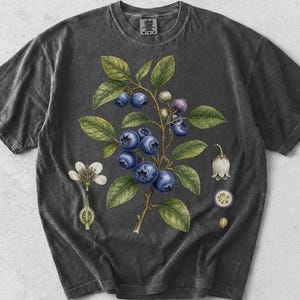 Op de afbeelding: Een antracietgrijs t-shirt met korte mouwen voorzien van een botanische illustratie van een bosbessentak met groene bladeren, blauwe bessen en witte bloemen. De afbeelding bevat gedetailleerde dwarsdoorsneden van de vruchten en bloesems. Het woord PEPPER staat in het zwart linksonder.