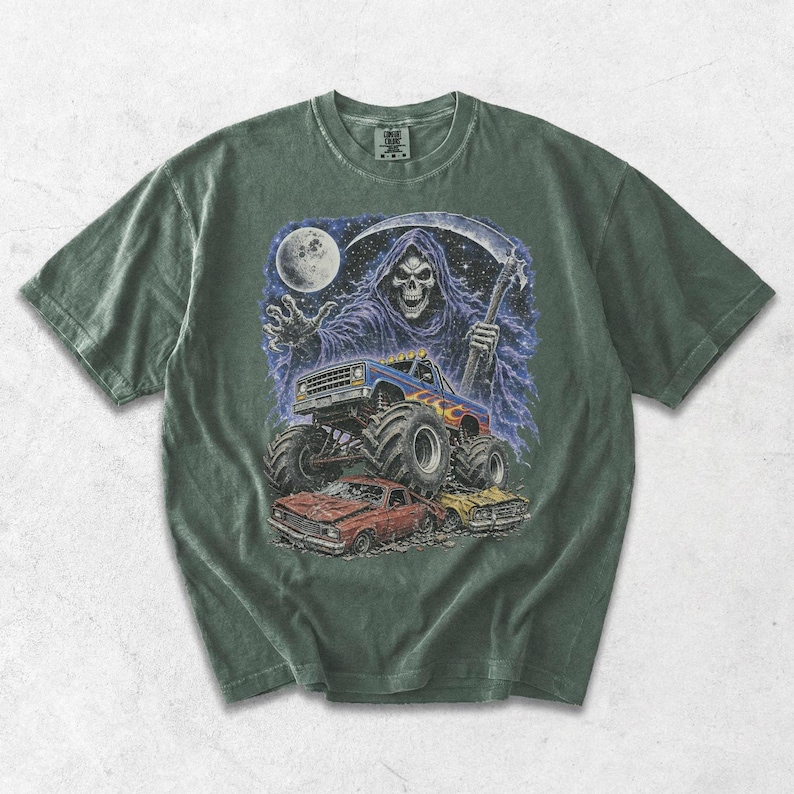 Monster Truck Tee, Retro 90s Racing, Vintage Graphic, Garment Dyed Cotton, Relaxed Fit Shirt