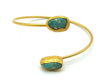 Real STONE BRACELET, Gold Plated Bangle, Modernist Bracelet, Minimalist BOHO Style Natural Stone Gold Plating Adjustable Brass Bracelet