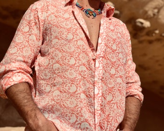 Summer Camp SHIRT, DressShirt MEN, 70s Retro PRINT, Camp Collar Shirt, Long Sleeve Button Up 100% Cotton Soft Touch Shirt for Gift