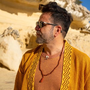 MEN&#39;S COTTON Mesh KIMONO Cardigan, Boho Open Jacket with Tribal Trim, One Size Kaftan, Lightweight Elbow-Length Sleeves Jacket
