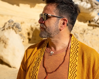 MEN'S COTTON Mesh KIMONO Cardigan, Boho Open Jacket with Tribal Trim, One Size Kaftan, Lightweight Elbow-Length Sleeves Jacket