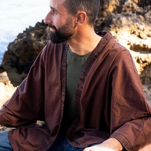 MEN'S COTTON KIMONO Cardigan, Boho Open Jacket with Tribal Trim, One Size