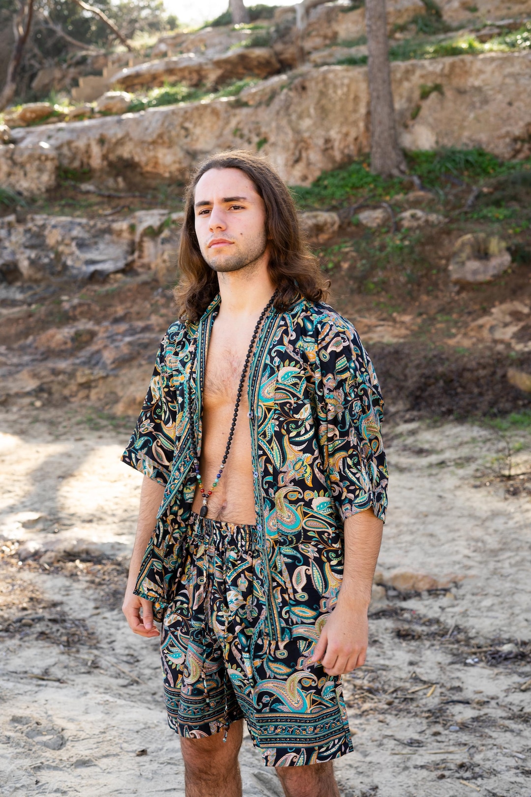 Ensemble chemise et short en soie pour homme, tenue de plage