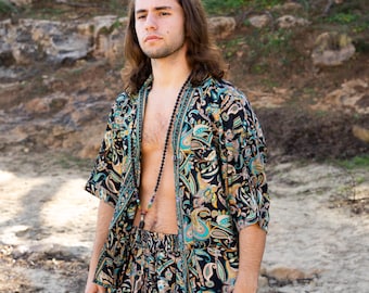 MEN'S SILK Shirt & Shorts SET, Boho BeachWear, Lightweight Stylish Summer Outfit, Unique Men's Fashion, Casual Chic Outfit, Resort Wear