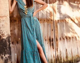 wrap silk dress, maxi dress, Indian silk, boho style, ibiza dress