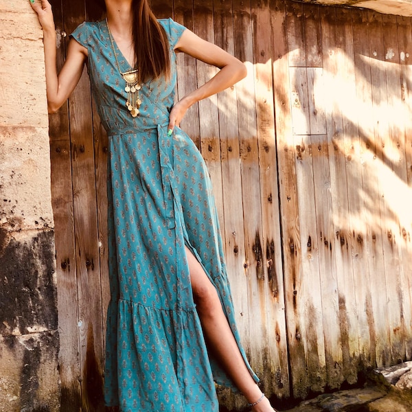 WRAP DRESSSILK, Abito lungo in seta, Abito maxi Boho, Abito maxi avvolgente, Abito da festa in spiaggia con scollo a V Ibiza, Maxi per ragazze adolescenti