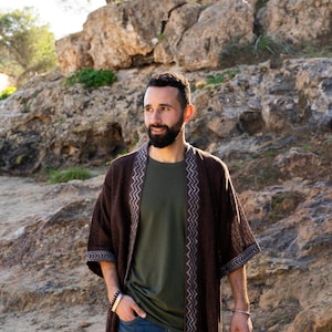 MEN&#39;S COTTON Mesh KIMONO Cardigan, Boho Open Jacket with Tribal Trim, One Size Kaftan, Lightweight Elbow-Length Sleeves Jacket