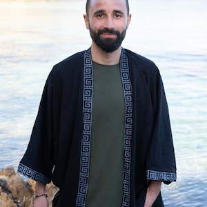 MEN'S COTTON KIMONO Cardigan, Boho Open Jacket with Tribal Trim, One Size