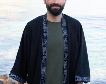 MEN'S COTTON KIMONO Cardigan, Boho Open Jacket with Tribal Trim, One Size