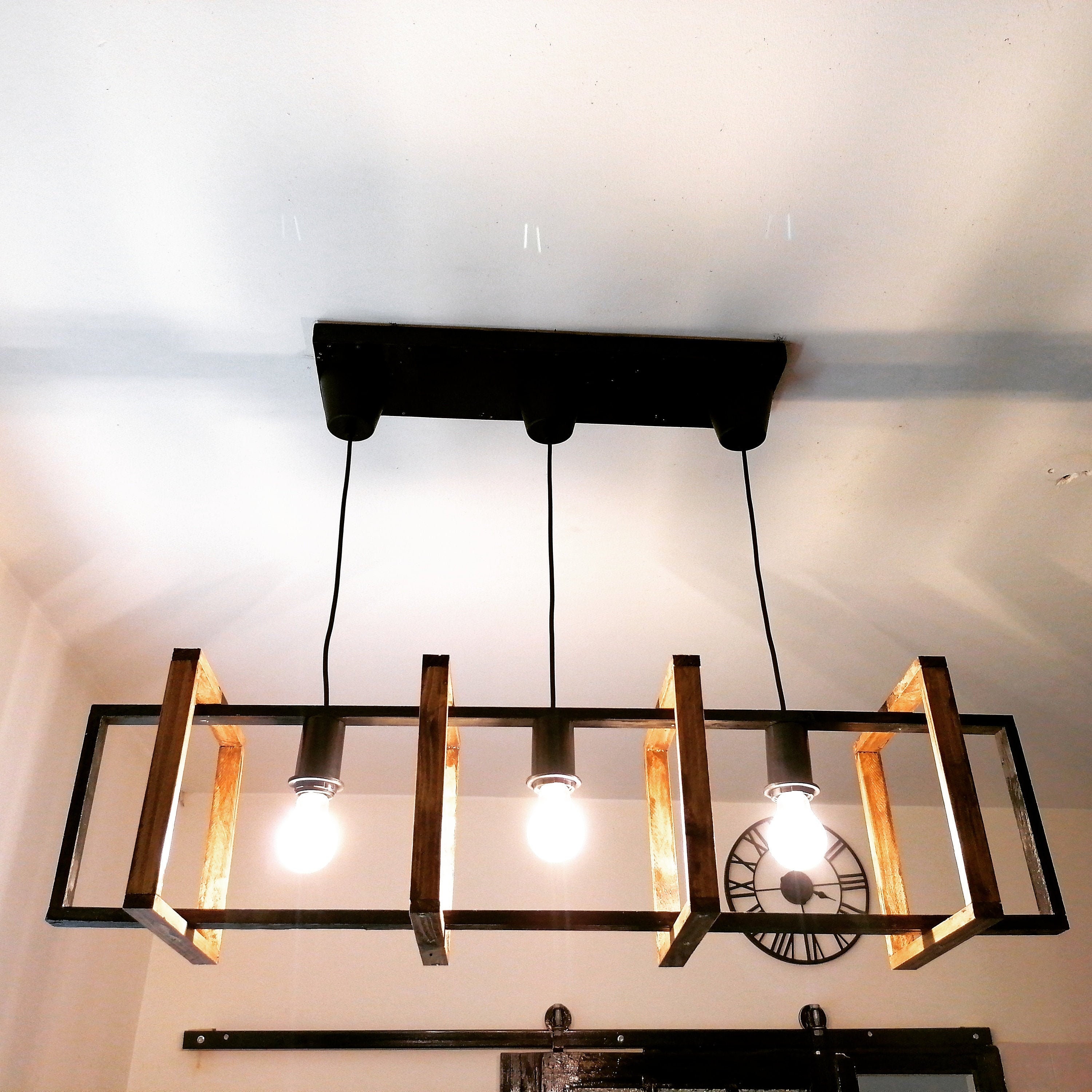 Lustre Iris 3 Lumières en Bois, Suspension Luminaire Lampe Suspendue Contemporaine, de Plafond, Écla