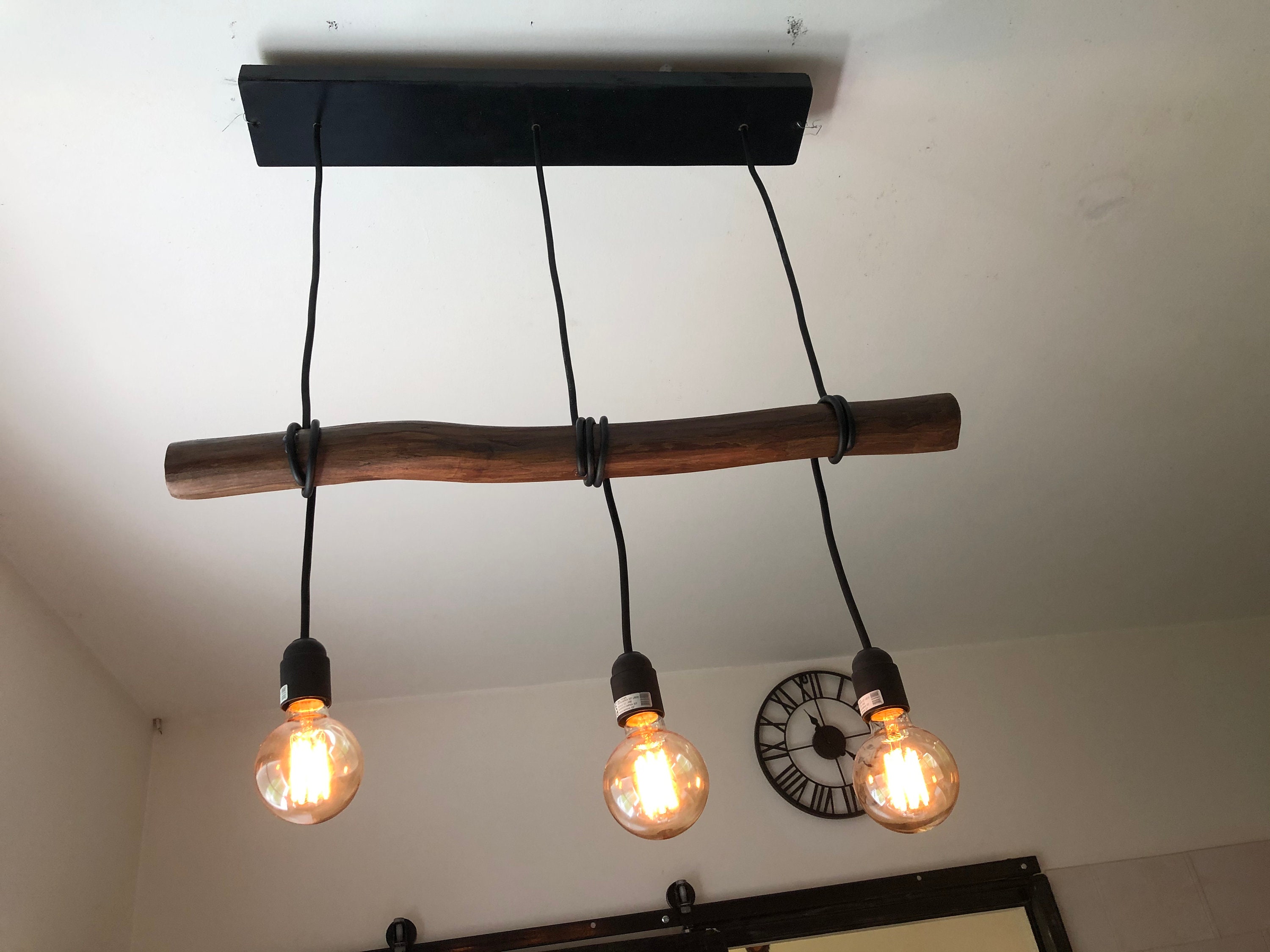 Lustre Dahlia 3 Lumières en Bois Flotté, Suspension Luminaire Lampe Suspendue Contemporaine, Lampe d