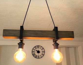 Lampadario in legno a 2 luci, lampada a sospensione in legno, lampada a sospensione contemporanea, lampada da soffitto, illuminazione artigianale in legno