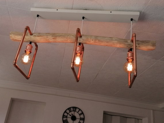 Lustre Suspension Bois Flotté Et Cuivre – Lampe Design Naturel – Neuf