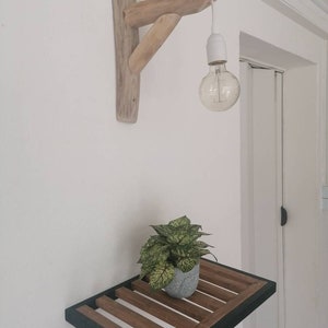 May include: A wooden shelf with a black metal frame and a small potted plant. A wooden light fixture with a hanging light bulb is mounted on the wall above the shelf.