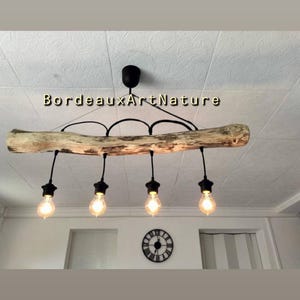May include: A ceiling-mounted light fixture featuring a horizontal piece of light-colored driftwood suspended by black cords. Four black sockets hold glowing Edison-style light bulbs. The text BordeauxArtNature is visible above the wood.