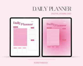 Eenvoudige roze dagelijkse planners 2 versies, voor universiteit en werk, digitale download, takenlijst en notitiesjabloon, afdrukbare PDF, uurrooster