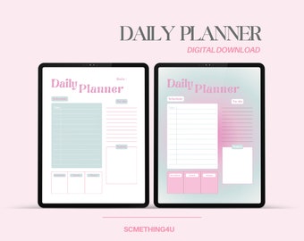 Roze en blauwe dagelijkse planner voor universiteit en werk, digitale download, takenlijst en notitiesjabloon, afdrukbare PDF, uurschema, maaltijdplan