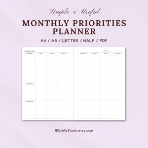 Monthly Priorities Planner Insert A5,A4,Letter,Half,Month at a Glance,Printable Monthly Schedule,Month on two page,Monthly Overview,PDF