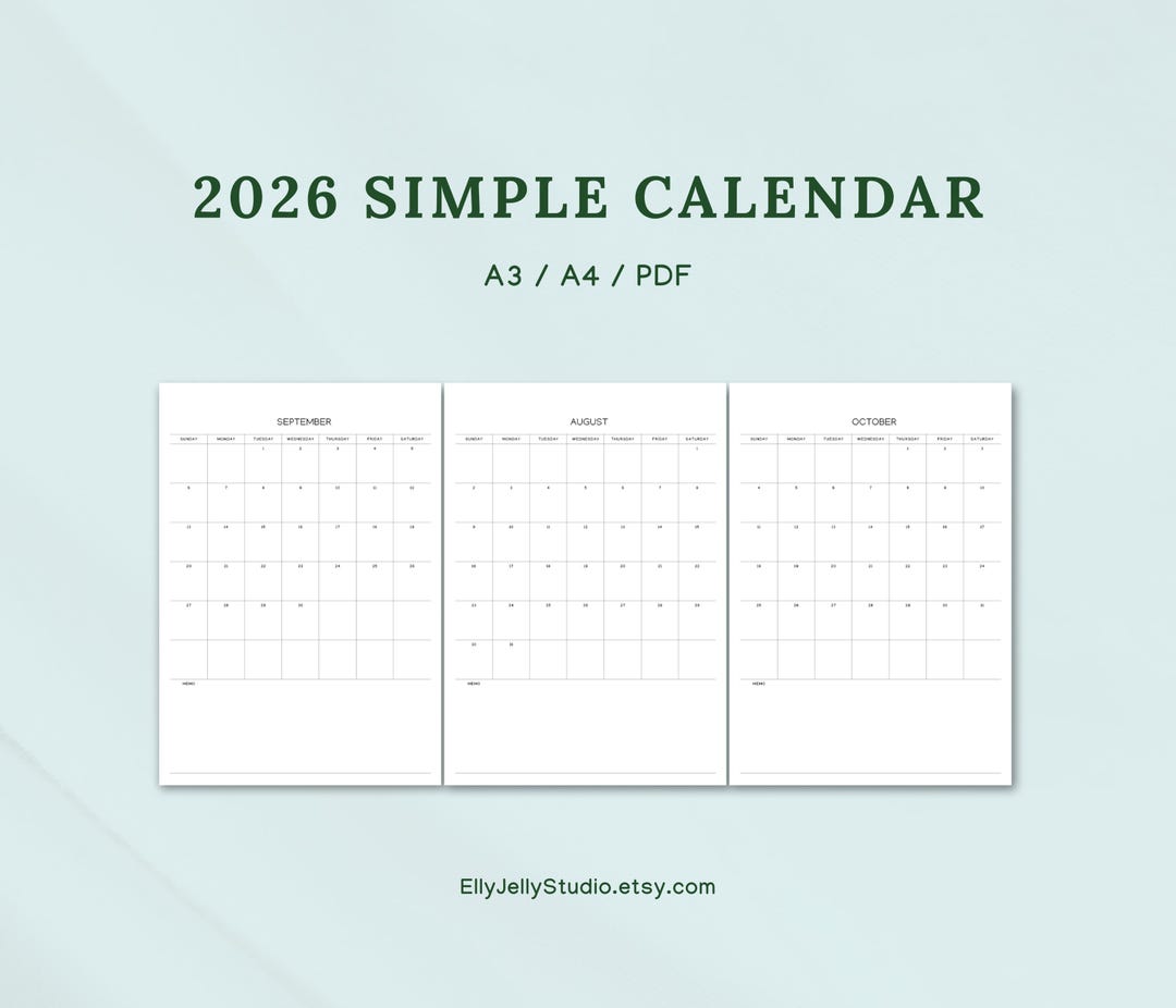 2026 Printable Monthly Simple Calendar Template: A4 / A3 / PDF - Etsy