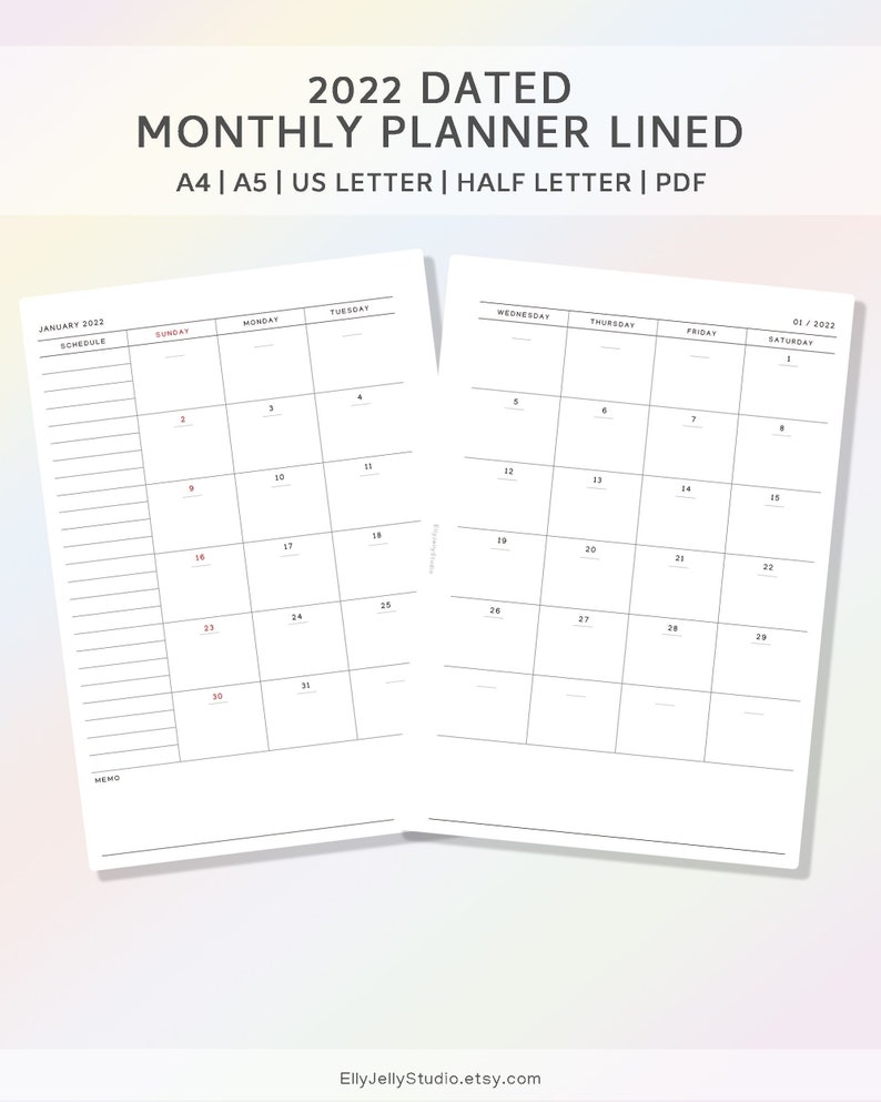 2022 Monthly Schedule Planner Insert A5a4letterhalfmonth Etsy
