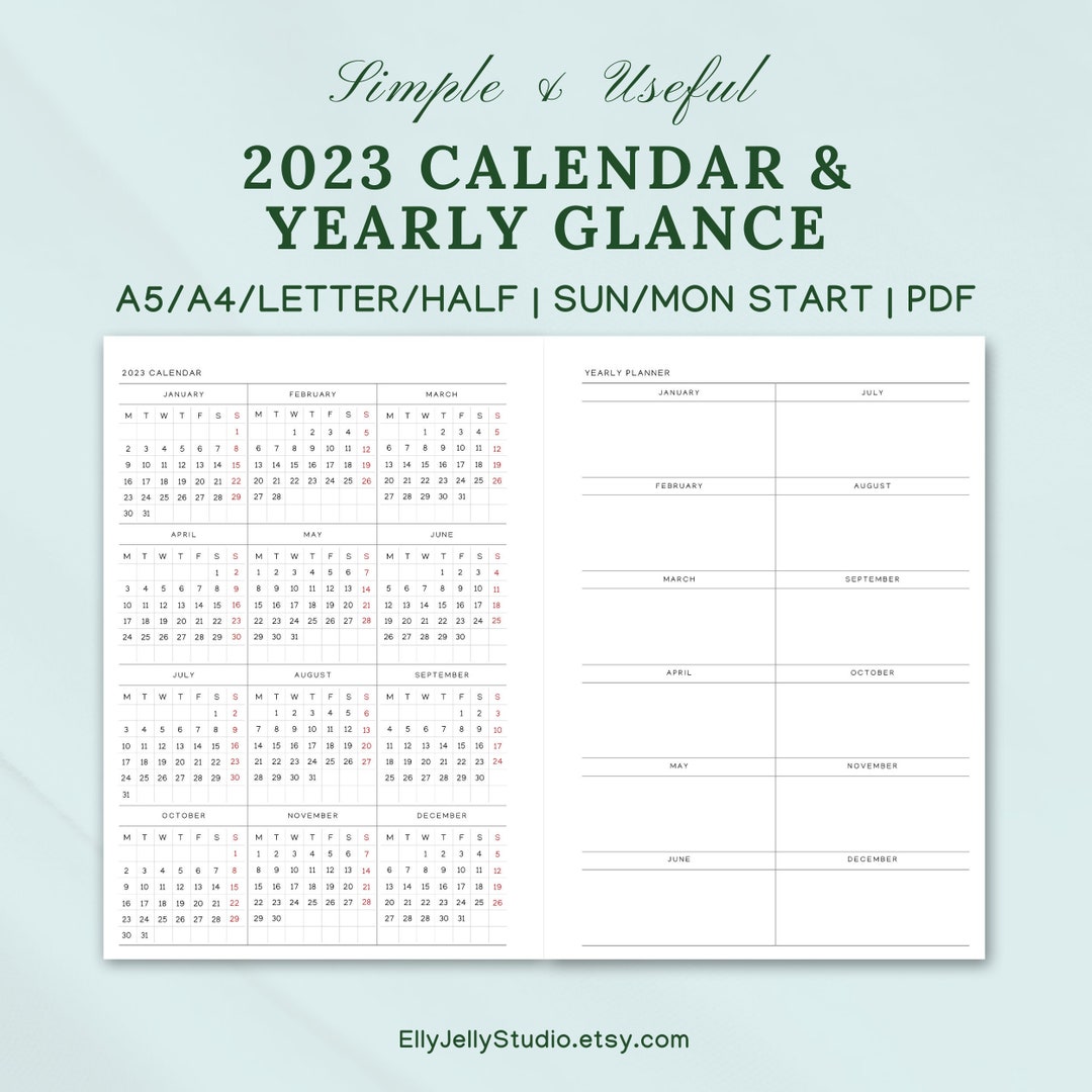Printable 2023 Calendar Yearly Planner Insert,yearly Glance,yearly