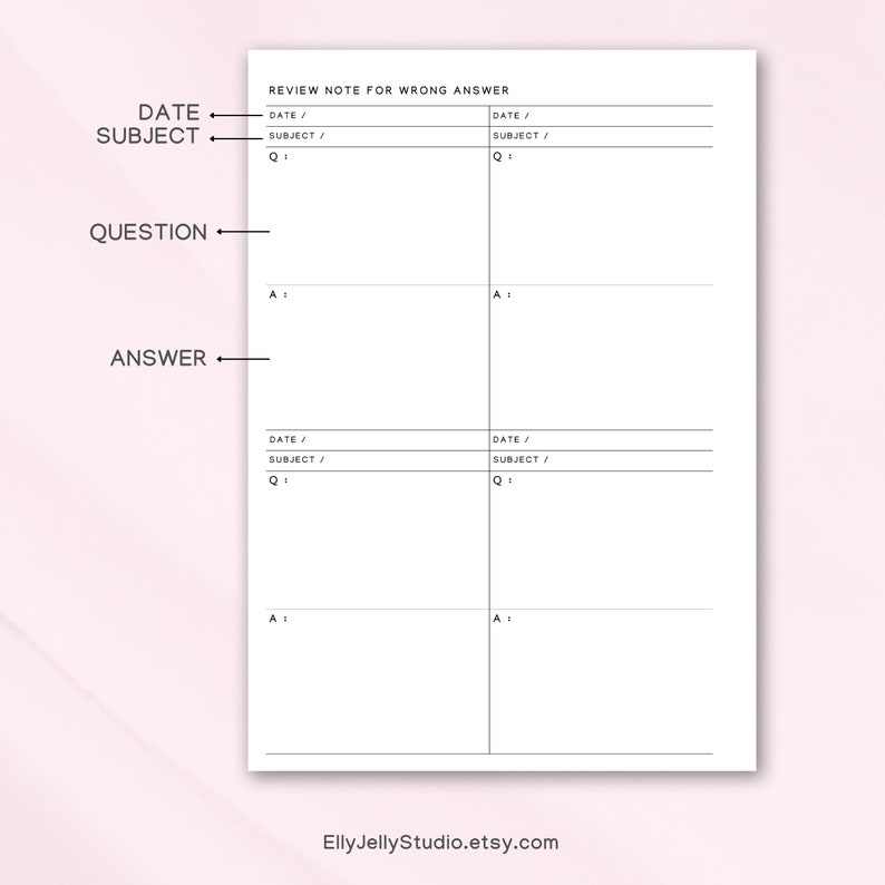 Printable Review Note for Wrong Answer Paper Insert Page,a5,a4,us Letter,half Letter,study Notes