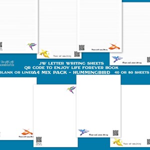 May include: A set of blank and lined letter writing sheets featuring a hummingbird design. The sheets are available in packs of 40 or 80 sheets. The sheets include a QR code that links to a website.