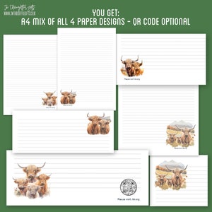 Carta da lettera A4 JW Ministero a tema mucca delle Highland - a righe, codice QR opzionale per JW.org, fogli di carta per il ministero dei Testimoni di Geova