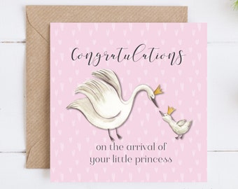 New baby card, congratulations on the arrival of your little princess, sweet baby swan and mother illustration. 046