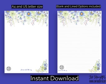 Blue Garden Floral Bundle - 3 versions - US and A4 - lined JW Ministry Letter Writing Paper - JW.org | Instant Download