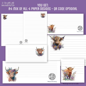 Papier à lettres floral Highland vache A4 pour le ministère JW - ligné, code QR en option vers JW.org, feuilles de papier pour le ministère des Témoins de Jéhovah