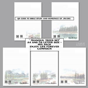 以下が含まれることがあります： 穏やかな木々と湖の水彩画が描かれた、印刷可能な罫線入り紙5枚セット。シートには「Enjoy life forever」のラベルが貼られており、聖書研究とJW.ORGのホームページへのQRコードが含まれています。また、「Tranquil Trees Set - A4 and US Letter Size - Mix Pack - Enjoy Life Forever Campaign」というテキストも含まれています。