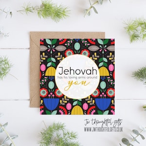 Jéhovah a ses bras aimants autour de vous, sa carte d’encouragement JW, sa carte de vœux des Témoins de Jéhovah. 053