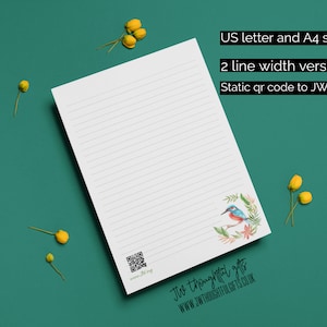 US letter and A4 Kingfisher with qr code - lined JW Ministry Letter Writing Paper - JW.org | Instant Download | Printable