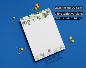 Blue and Cream Flowers with qr code - lined JW Ministry Letter Writing Paper - JW.org | Instant Download | JW Printable