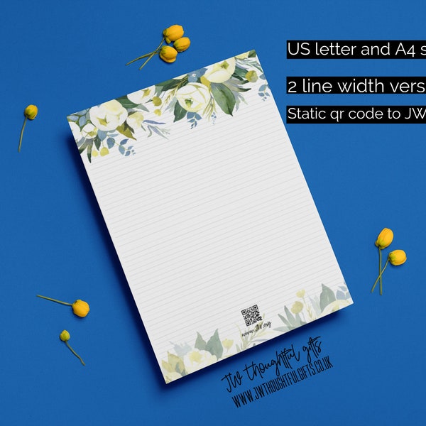 Blue and Cream Flowers with qr code - lined JW Ministry Letter Writing Paper - JW.org | Instant Download | JW Printable