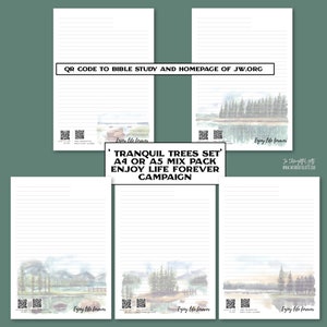 May include: Five printable sheets of lined paper featuring watercolour illustrations of tranquil trees and a lake. Each sheet includes a QR code and the text "Enjoy life forever". The text "Tranquil Trees Set A4 or A5 Mix Pack Enjoy Life Forever Campaign" is also included.