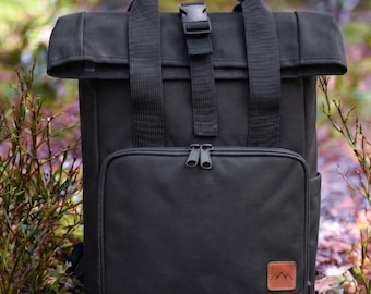 Women work backpack in black - Roll Top black backpack for office - Women backpack waterproof for everyday adventure - cute small backpack
