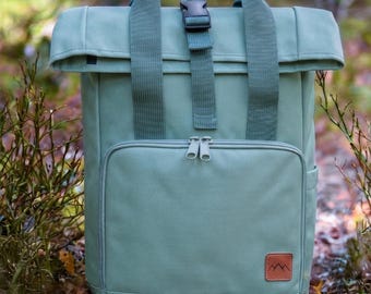 Sage Green Roll-Top Backpack – Eco-Friendly Travel Rucksack