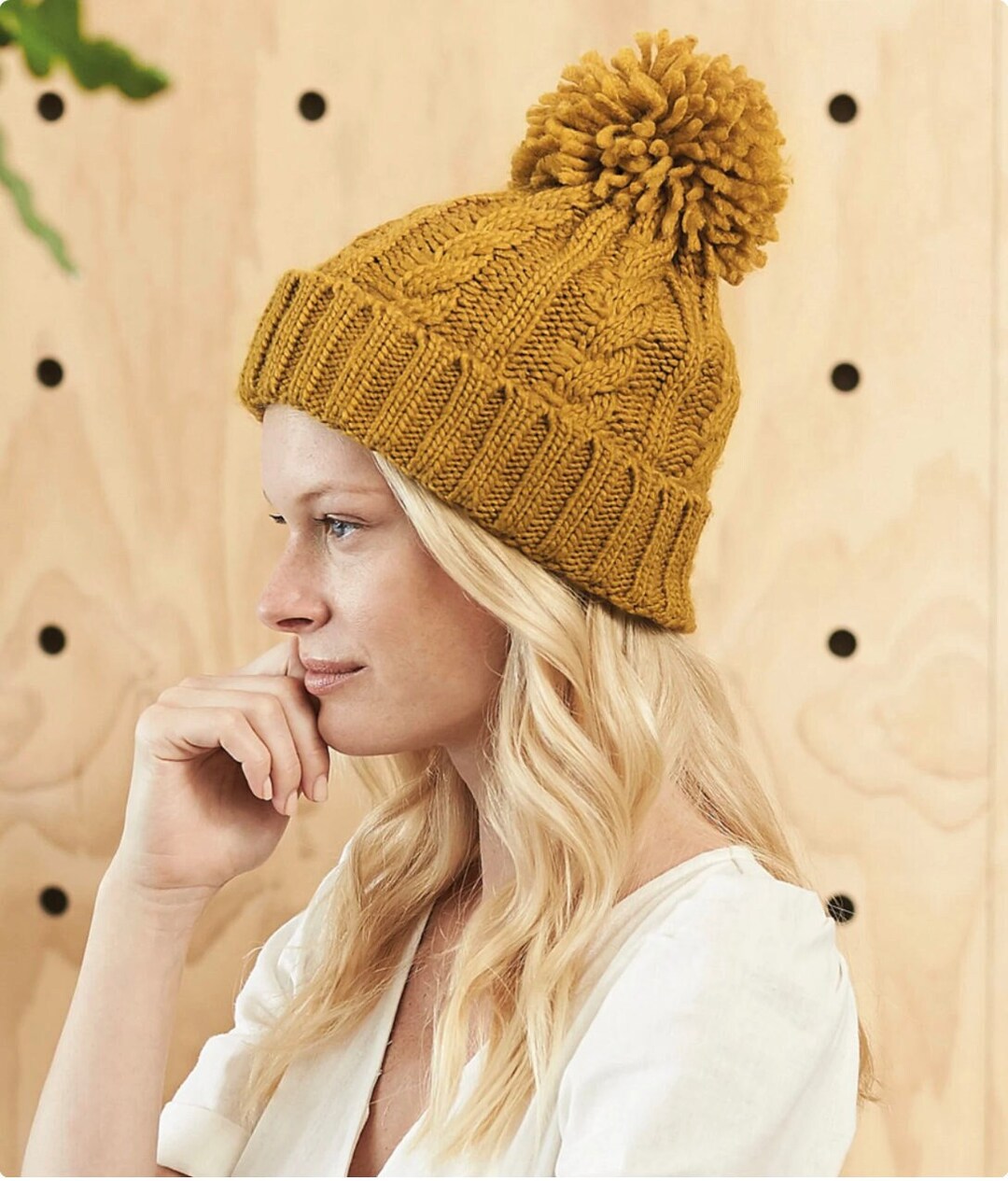 Gigi Pip Women\'s Mustard knit Beanie Pompom Beanie Hat Pom Snow winter cap hat Gigi Pip hat mustard knit beanie pom pom ski snowboard  main image 4