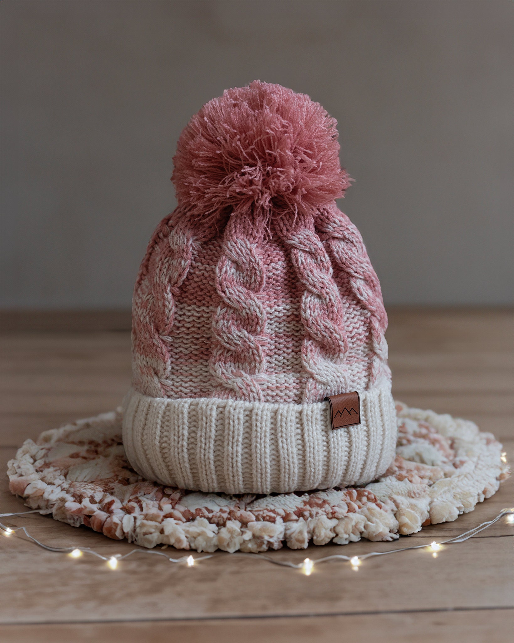 Pink and White Knit Women\'s Hat Two-Toned Folded Brim Pink & White Slouchy Knit Beanie — The  main image 2