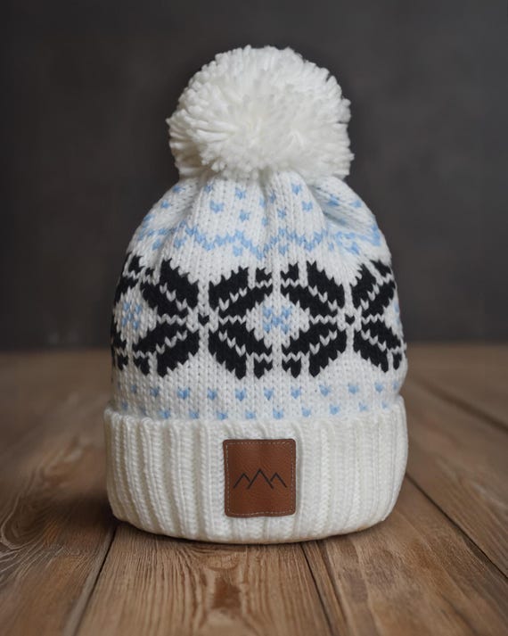 White Pom Pom Beanie – Warm Winter Hat, Soft Knit Bobble Hat 
