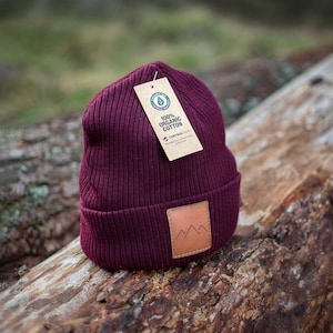 Organic burgundy beanie, organic cotton unisex beanie, eco friendly beanie, adventure beanie hat, sustainable beanie, mountains beanie