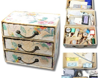 Stunning Mid-Century 1950's Floral 3-Drawer: Desk / Dresser - Vintage Antique Haberdashery Sewing Set FULL 100x Items Boudoir Shabby Country