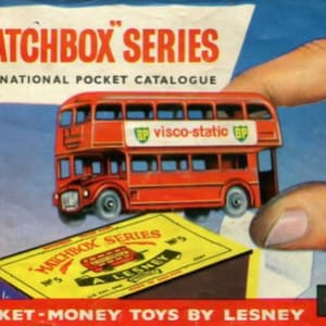 May include: A vintage Matchbox Series toy set featuring a red double-decker bus and a yellow box. The bus has "BP visco-static" branding. The box reads "Matchbox Series" and "Pocket-Money Toys by Lesney".