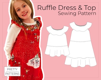 Girls Christmas Ruffle Dress Pattern | Easy PDF Sewing Pattern & Tutorial for making flowy ruffle dress or top in sizes 5Y to 8Y]